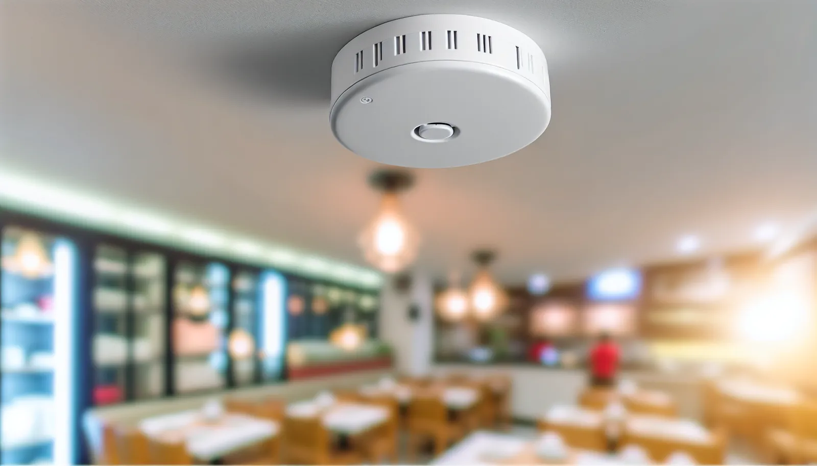 Détecteur d'alarme incendie au plafond d'un restaurant ERP type N