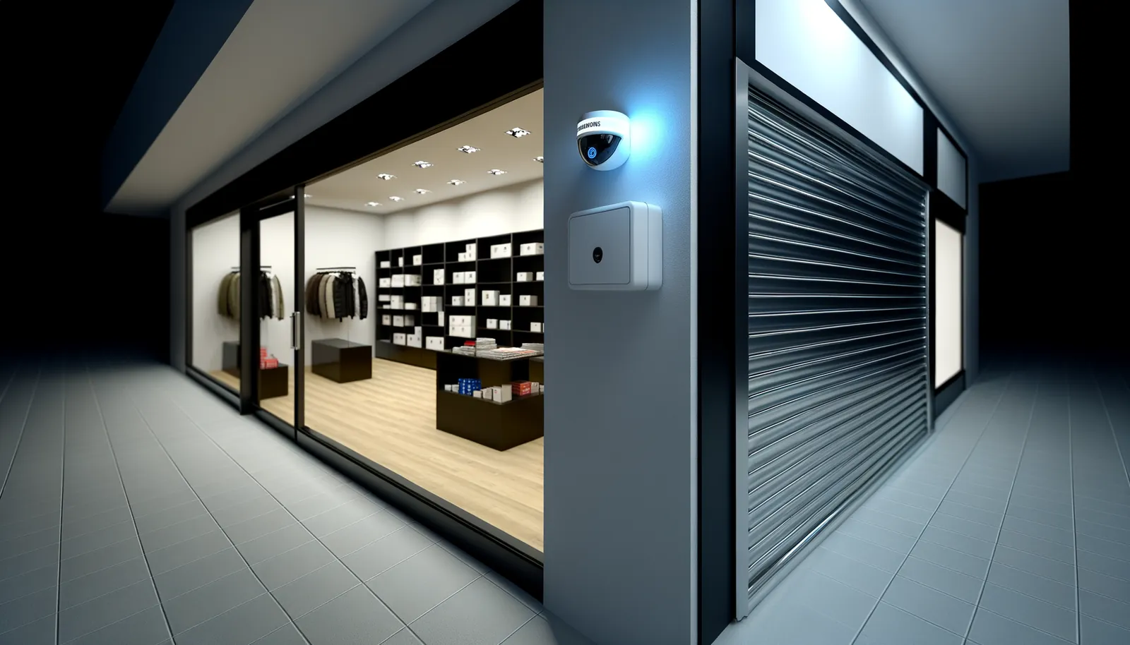 Intérieur de magasin fermé la nuit avec détecteur anti-intrusion PIR — sécurité commerce
