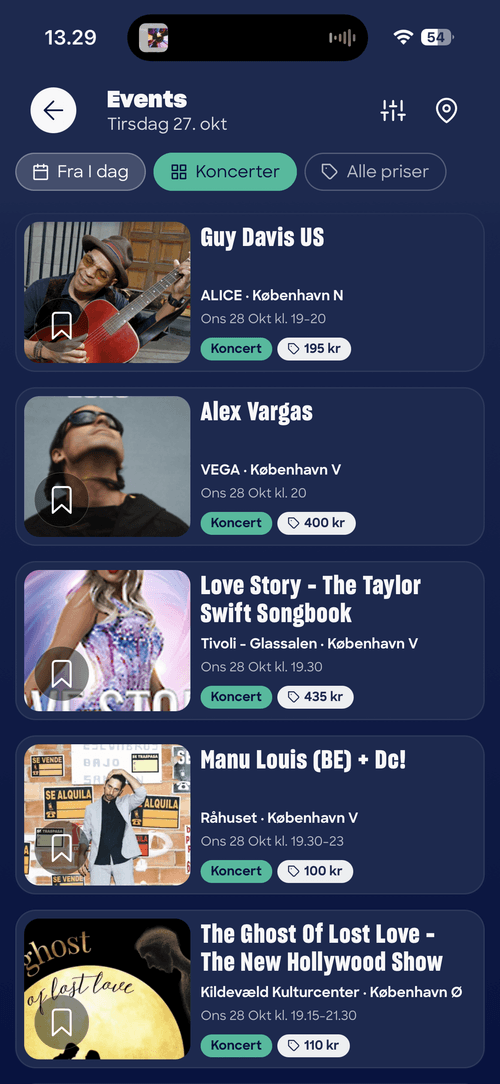 gogo-appen med en liste over koncerter
