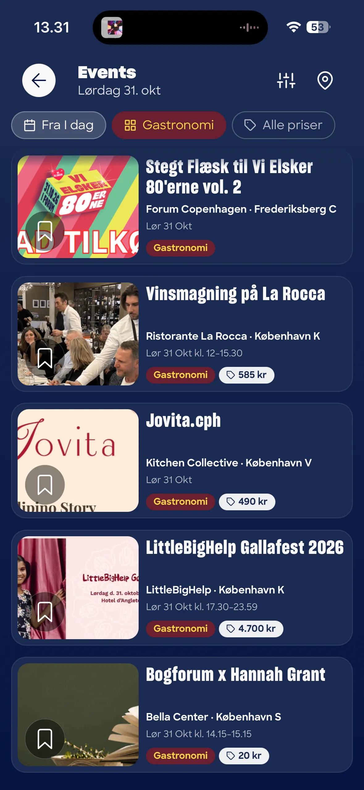 gogo-appen med en liste over mad-events
