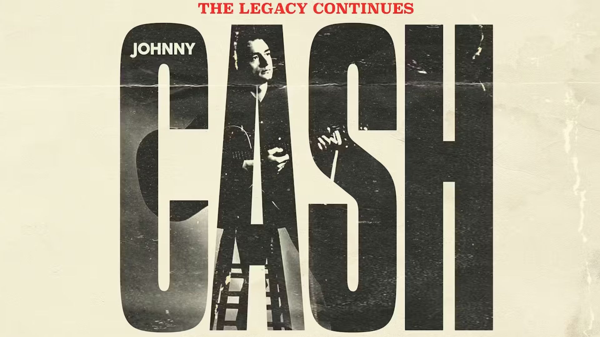 Plakat for koncerten "Johnny Cash – The Legacy Continues" med ikonisk sort/hvid motiv.