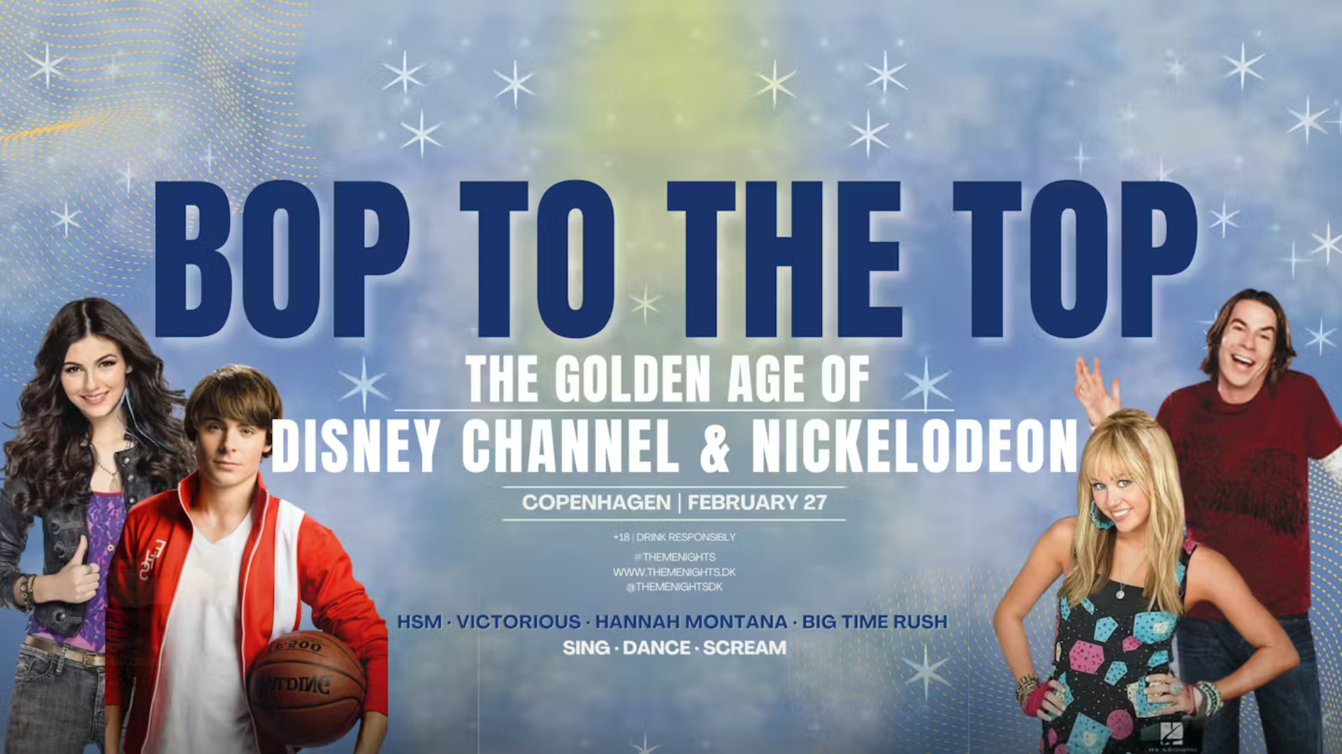 Event plakat med Bop to the top med billeder af disney og nickelodeonkarakterer