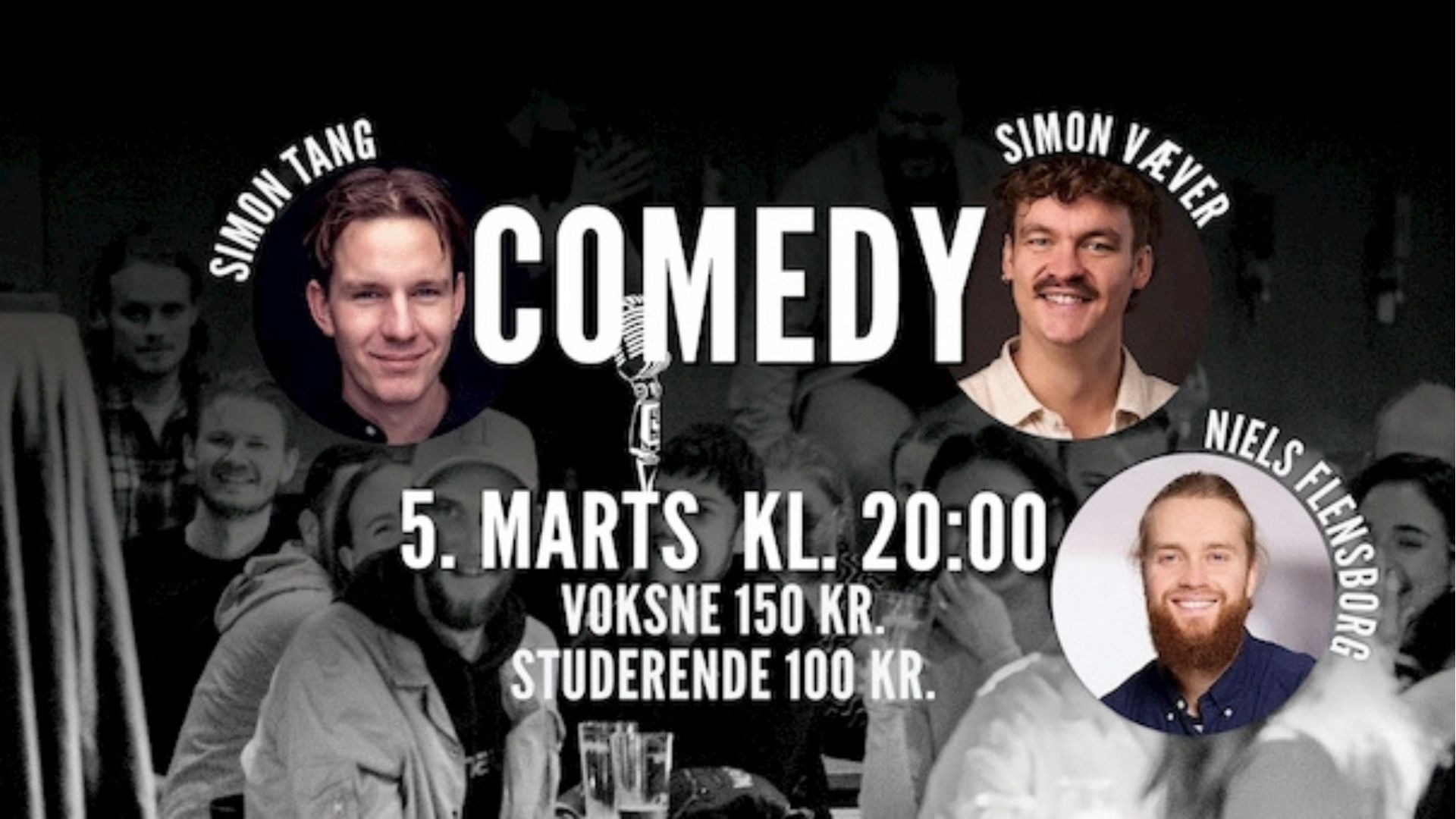 Plakat med publikum og 3 komikere
