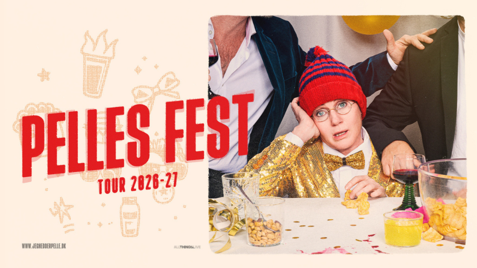 Show plakat med Pelle der sidder ved et bord til en fest