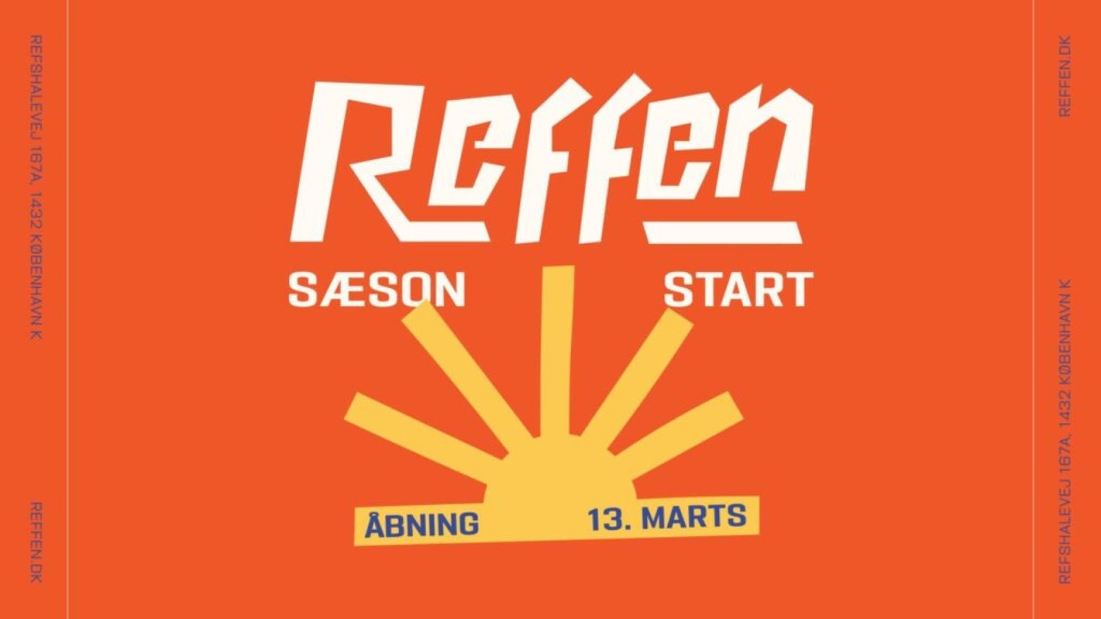 Plakat med orange baggrund og Reffen med store bogstaver over en sol i midten