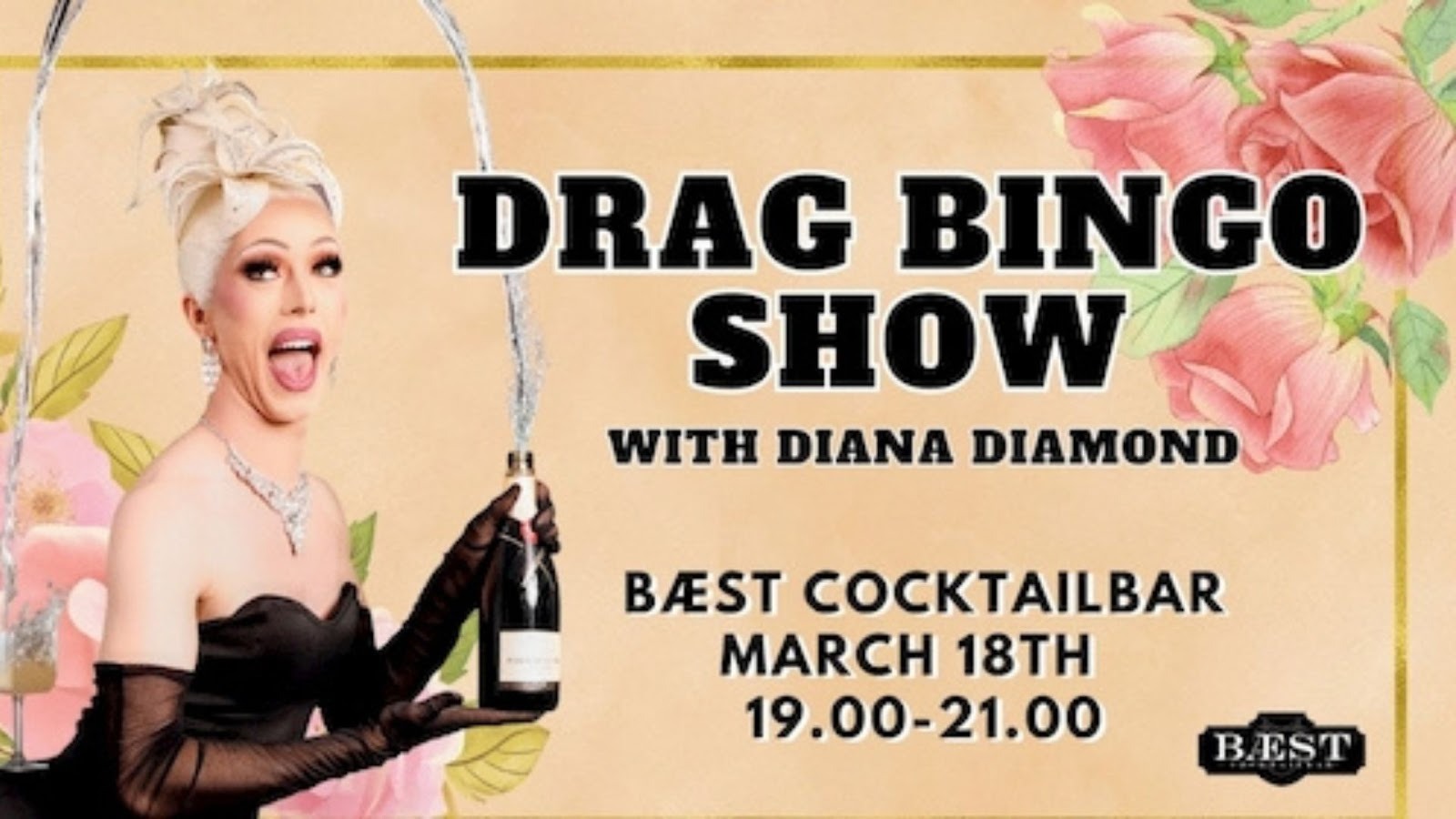 Event plakat med en drag queen der står med en flaske champagne