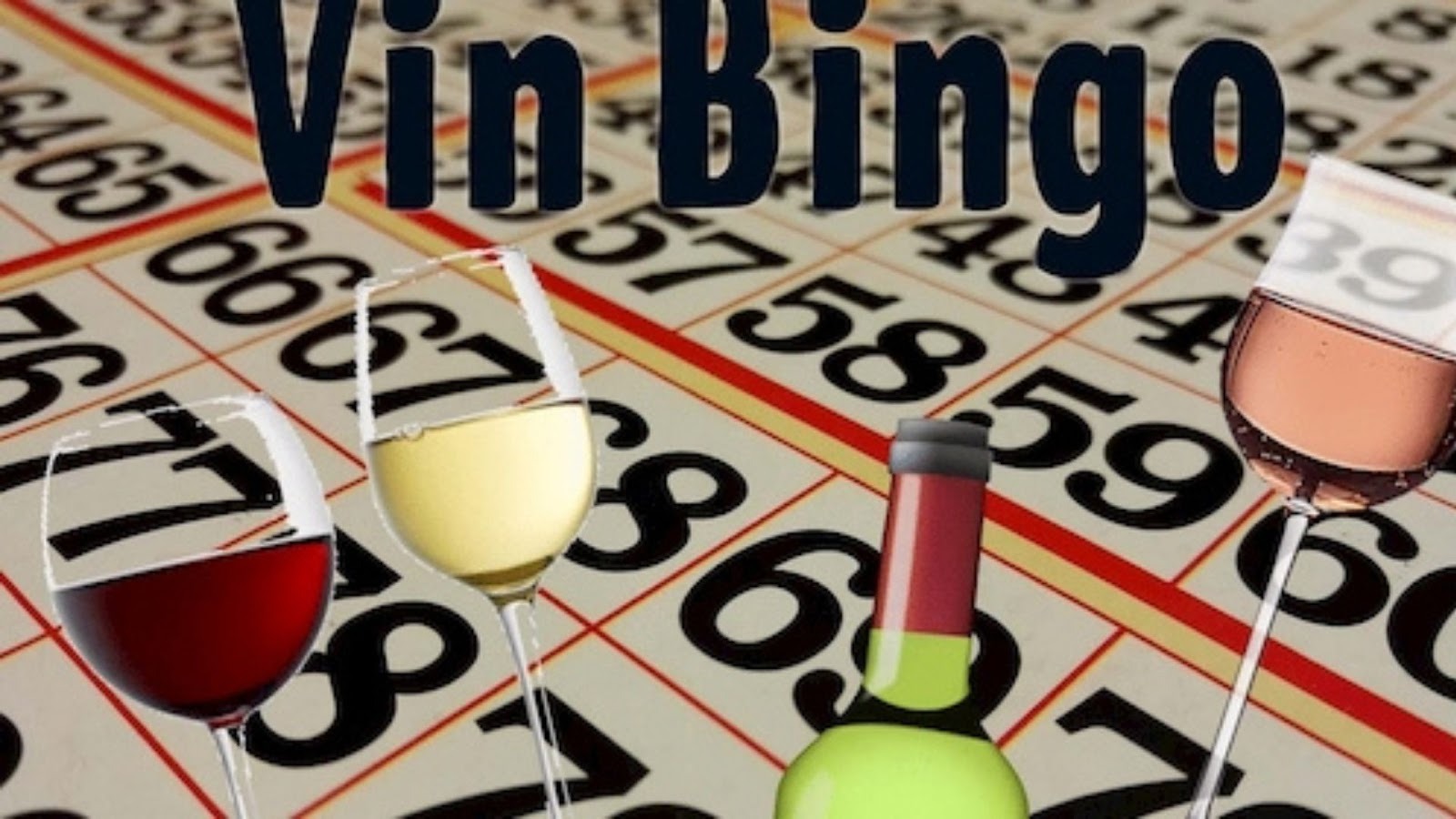 Bingoplader, vinglas og en flaske vin