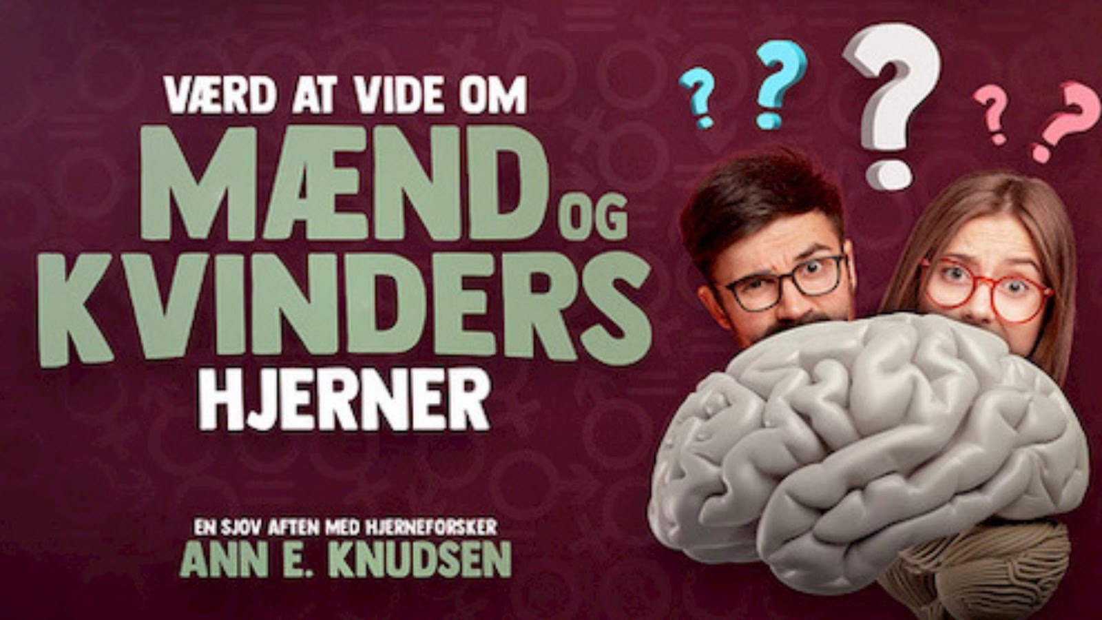 Event plakat med en stor hjerne og en mand og en kvinde bagved med spørgsmålstegn over hovedet