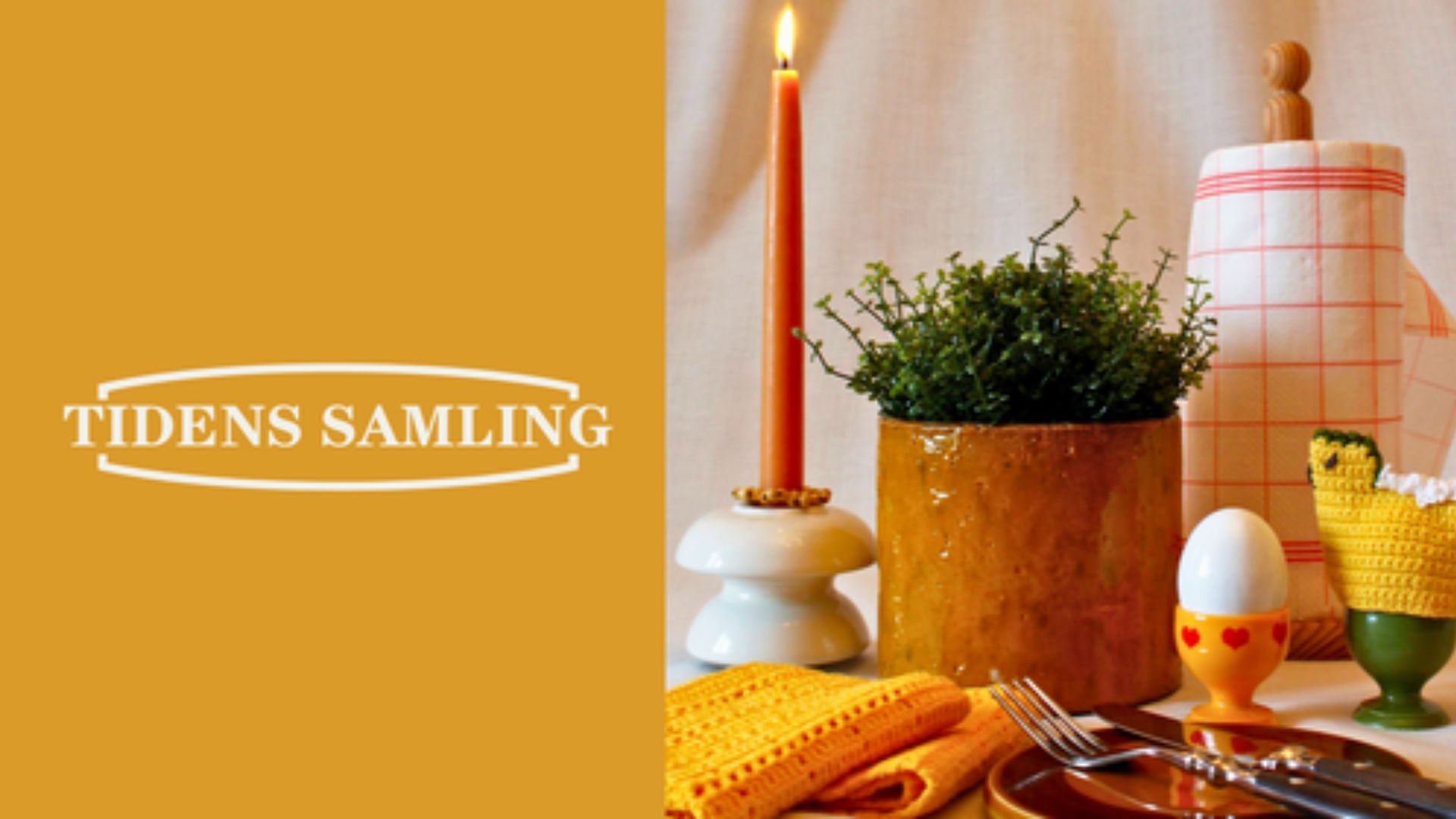 Et opdækket påskebord og tidens samling logo