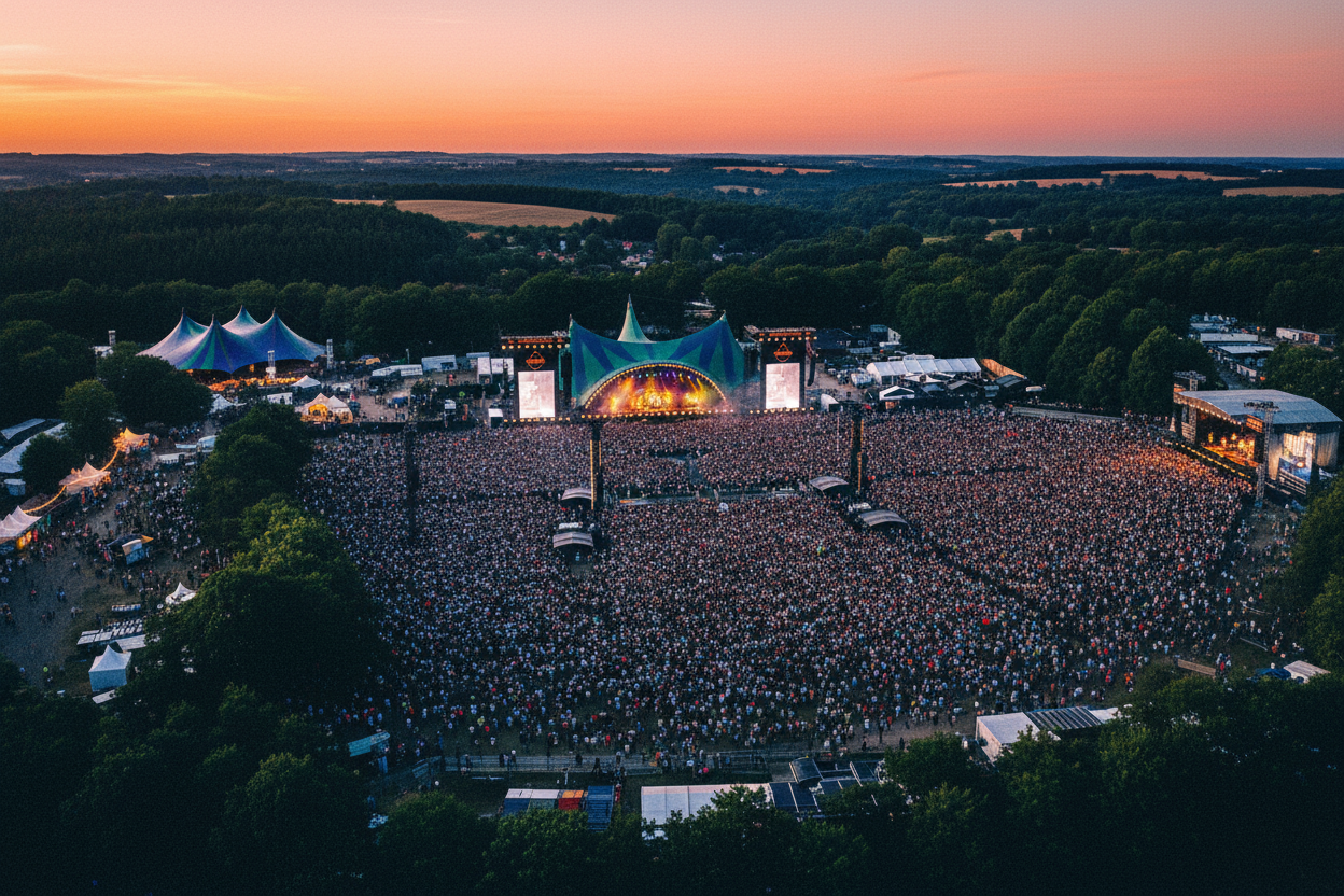 Luftfoto af stor musikfestival med fyldt scene og publikum ved solnedgang