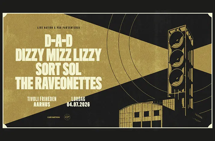 D-A-D, Dizzy Mizz Lizzy, Sort Sol og The Raveonettes spiller samlet koncert i Tivoli Friheden i Aarhus lørdag 4. juli 2026. Fire rocklegender på én aften.