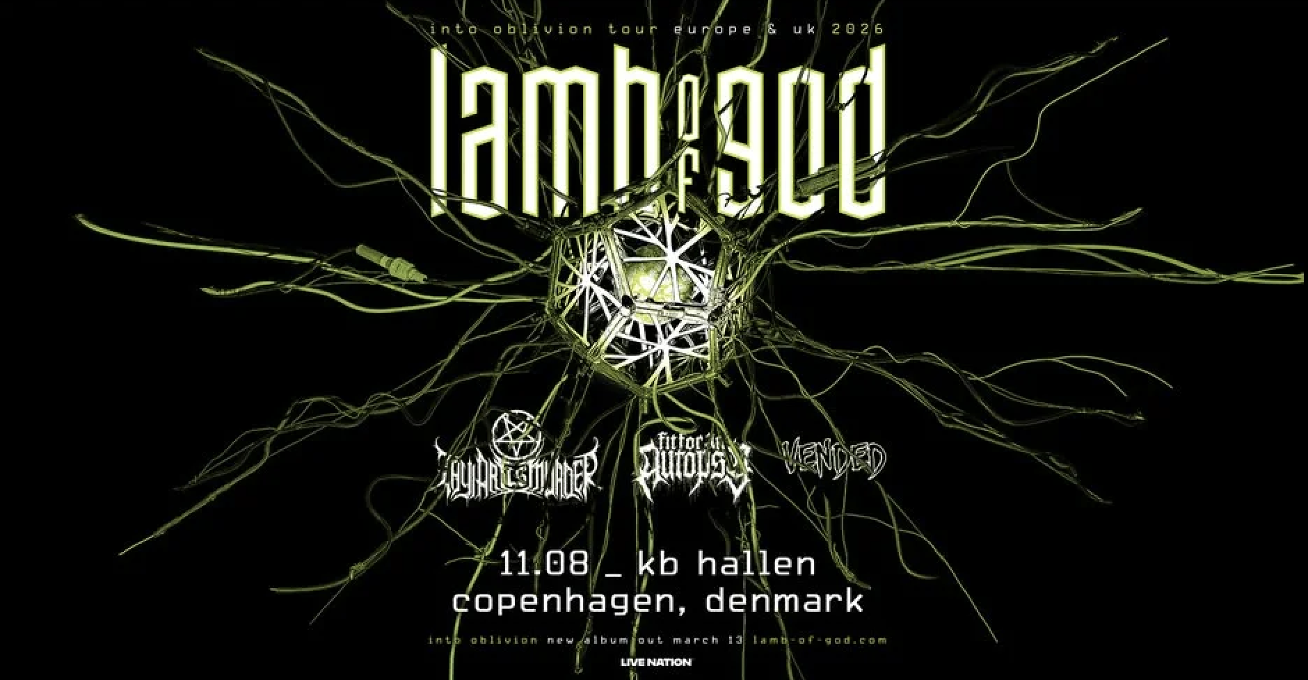 Lamb of God spiller i K.B. Hallen i København tirsdag den 11. august 2026 med support fra Thy Art Is Murder, Fit For An Autopsy og Vended. Se billetter og info.