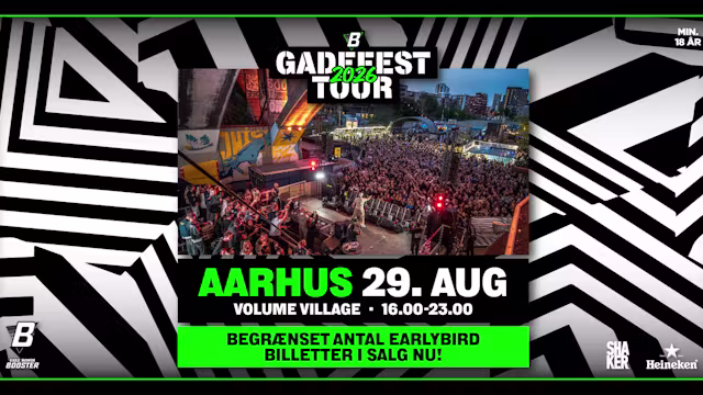 Gadefest Tour indtager Volume Village i Aarhus lørdag den 29. august 2026 med musik, aktiviteter og festlige effekter fra kl. 16. Se billetter.