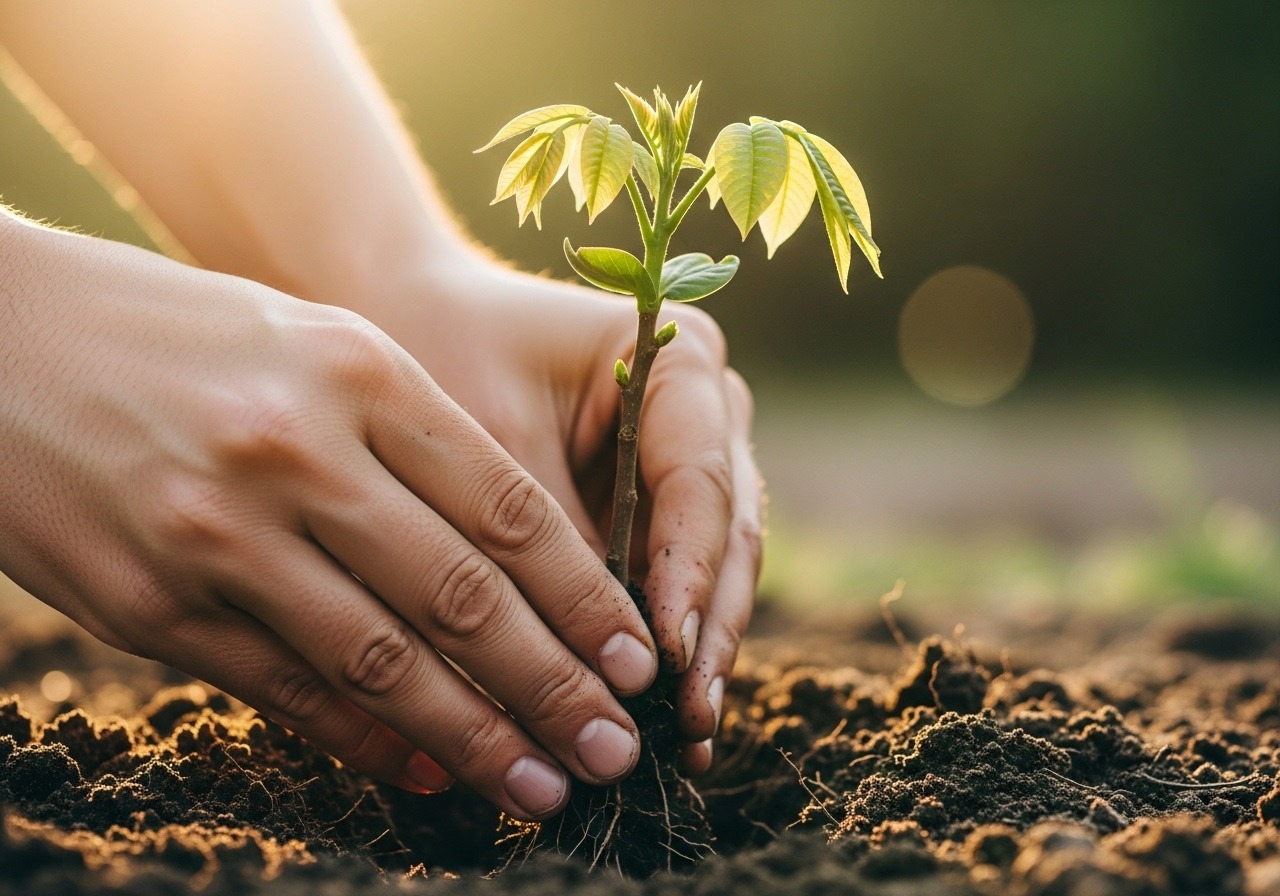 hands that are planting a walnut tree