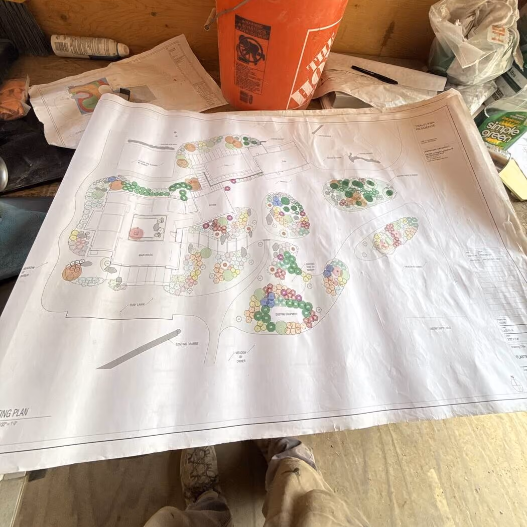 Printed planting plan on a Grizzly workbench