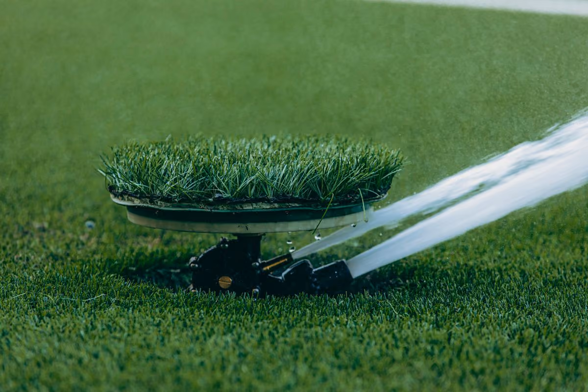 Pop-up lawn sprinkler head spraying water across green grass