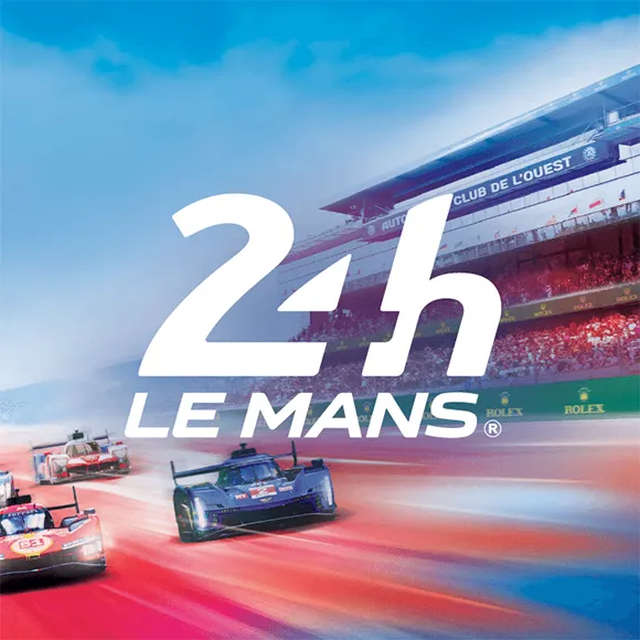 24 hours of le mans logo with racing cars on the background