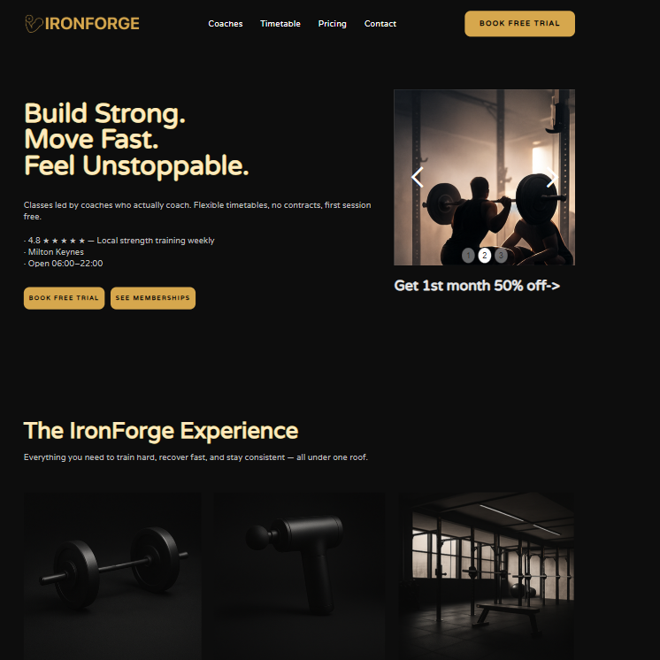 Gym website homepage with tagline 'Build Strong. Move Fast. Feel Unstoppable.', workout images including a person lifting barbells, a dumbbell, a massage gun, and gym interior.