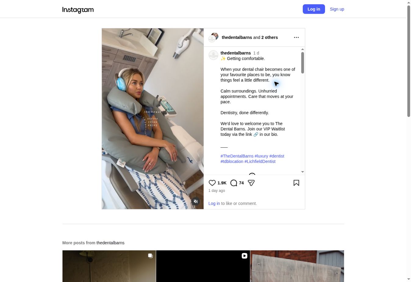The Dental Barns Getting comfortable Instagram reel, displaying 1.9K likes and 74 comments on 18 September 2026.