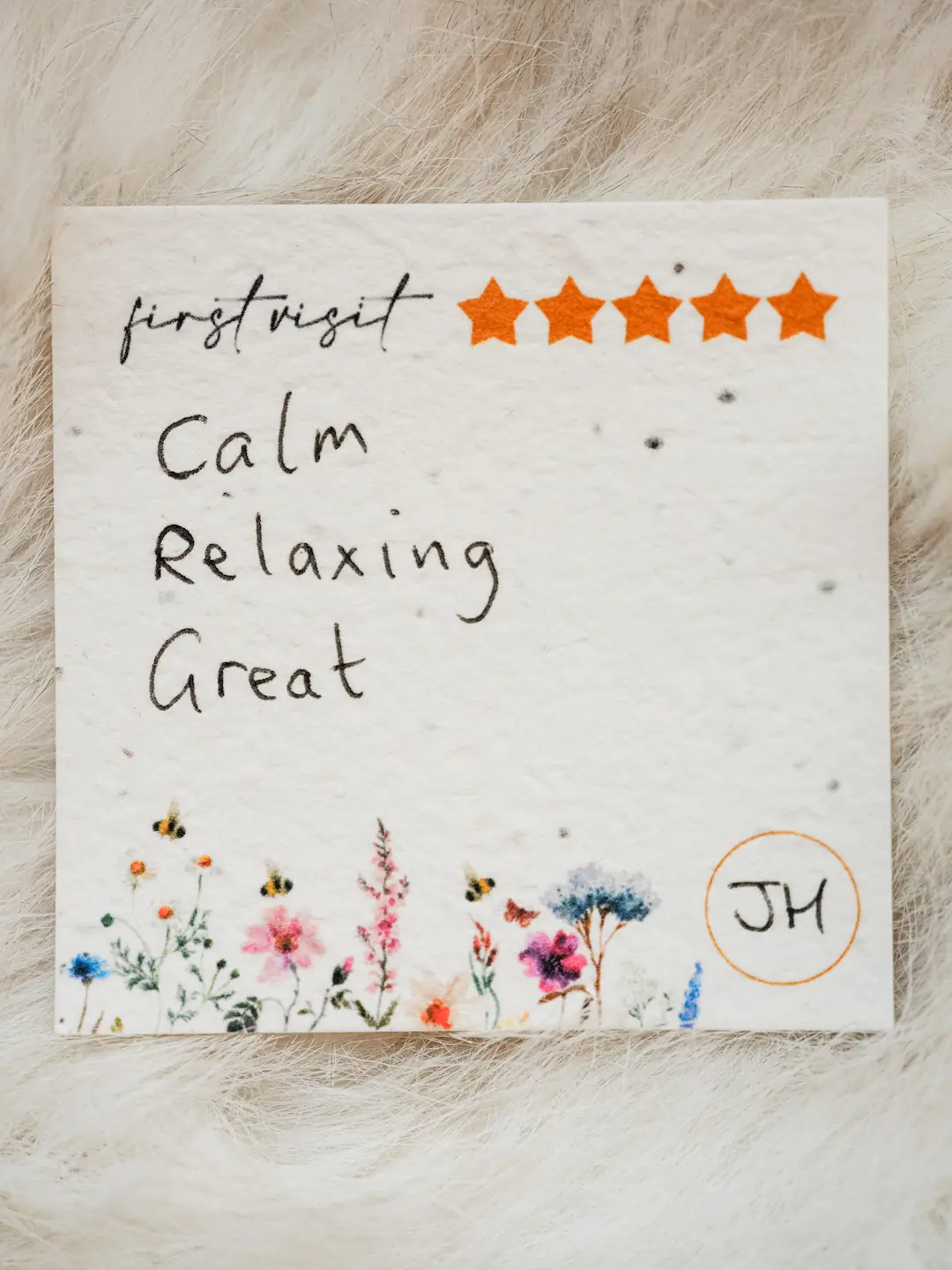 JH’s handwritten first-visit card: Calm, Relaxing, Great.