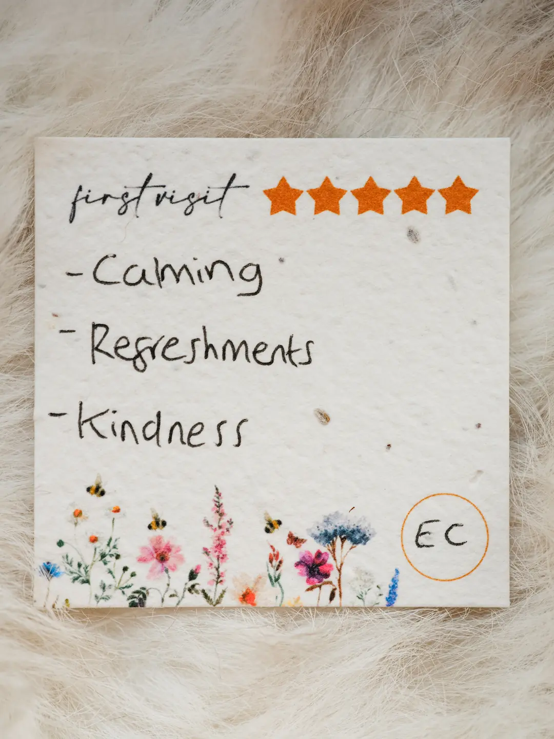 EC’s handwritten first-visit card: Calming, Refreshments, Kindness.