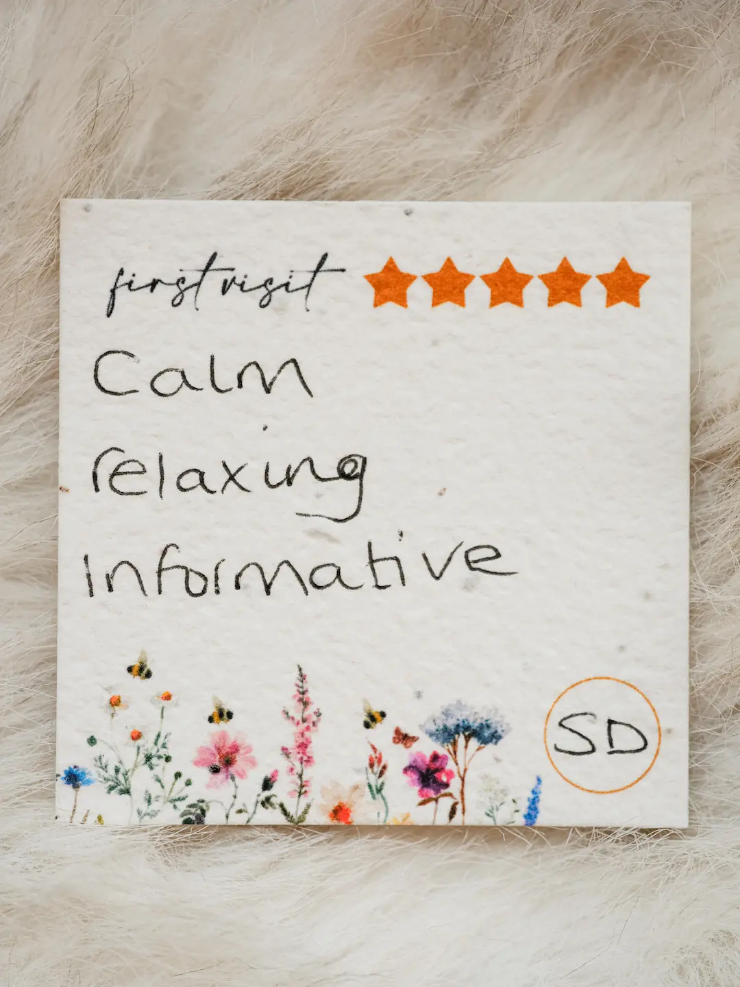 SD’s handwritten first-visit card: Calm, Relaxing, Informative.