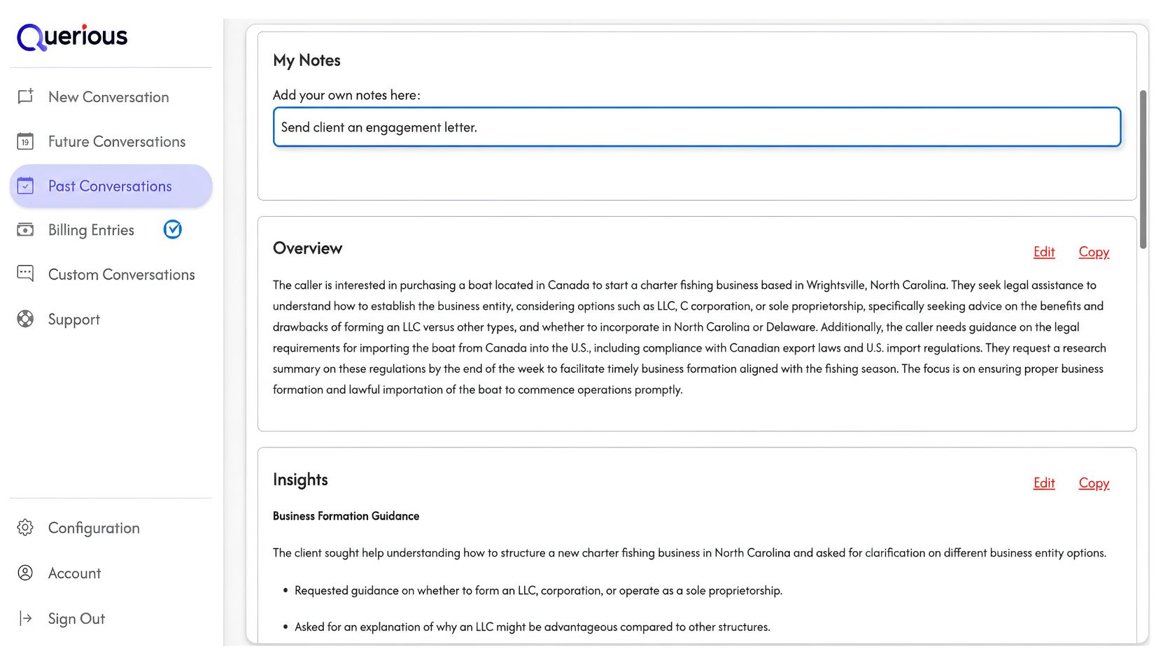 Querious AI notetaker showing structured legal notes, key facts, issues, and follow-up