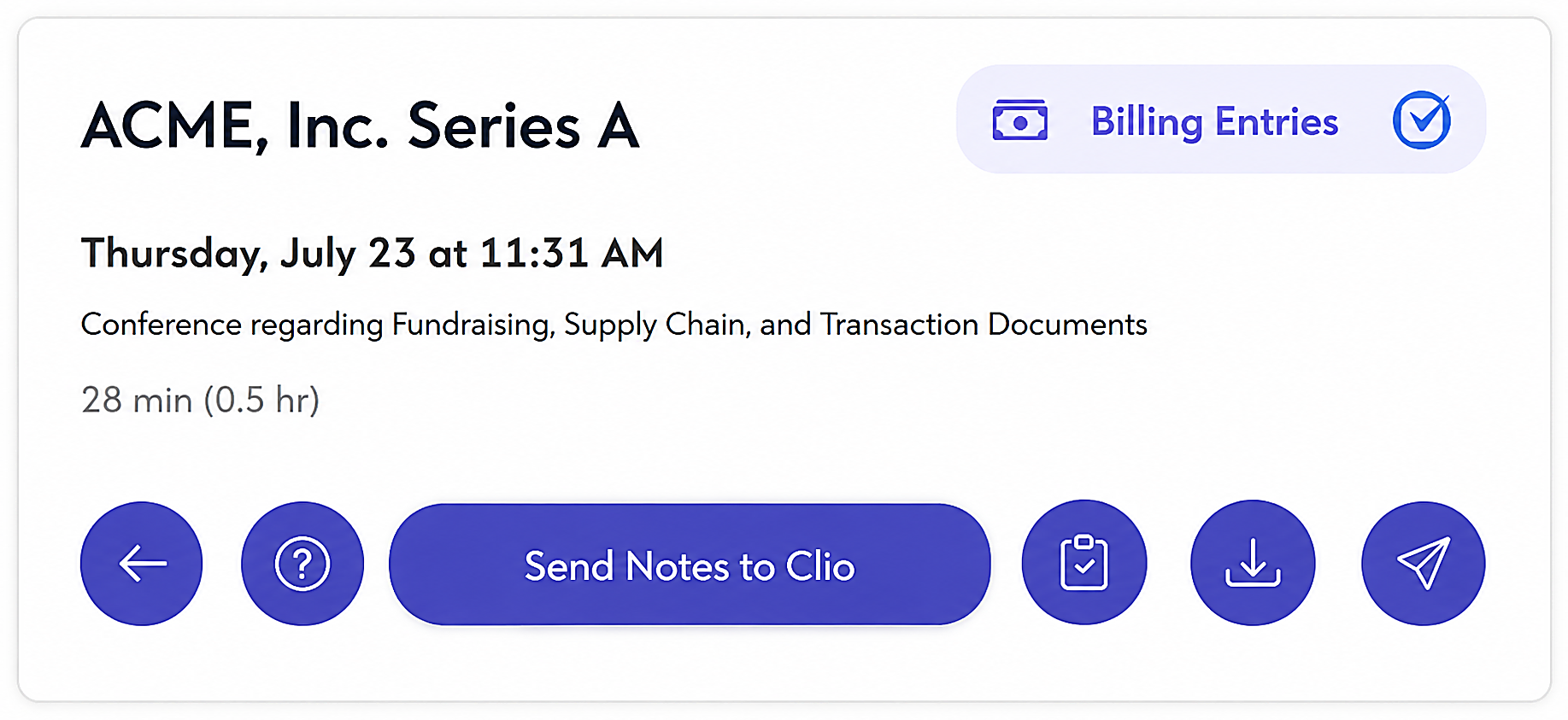 Querious conversation interface showing billing entries and the option to send reviewed notes to Clio.
