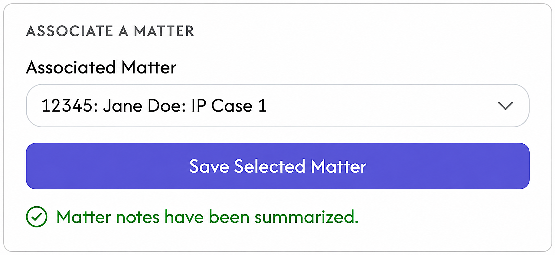 Querious interface showing a Clio matter selected and associated with a client conversation.