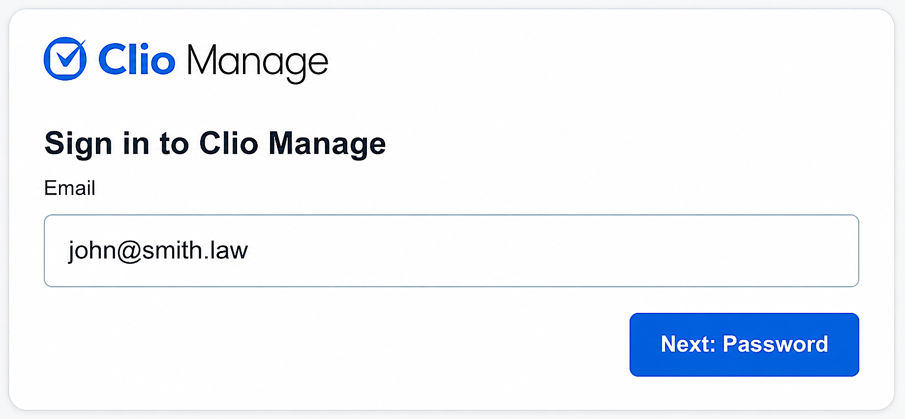 Clio Manage sign-in screen used to connect a Clio account with Querious.