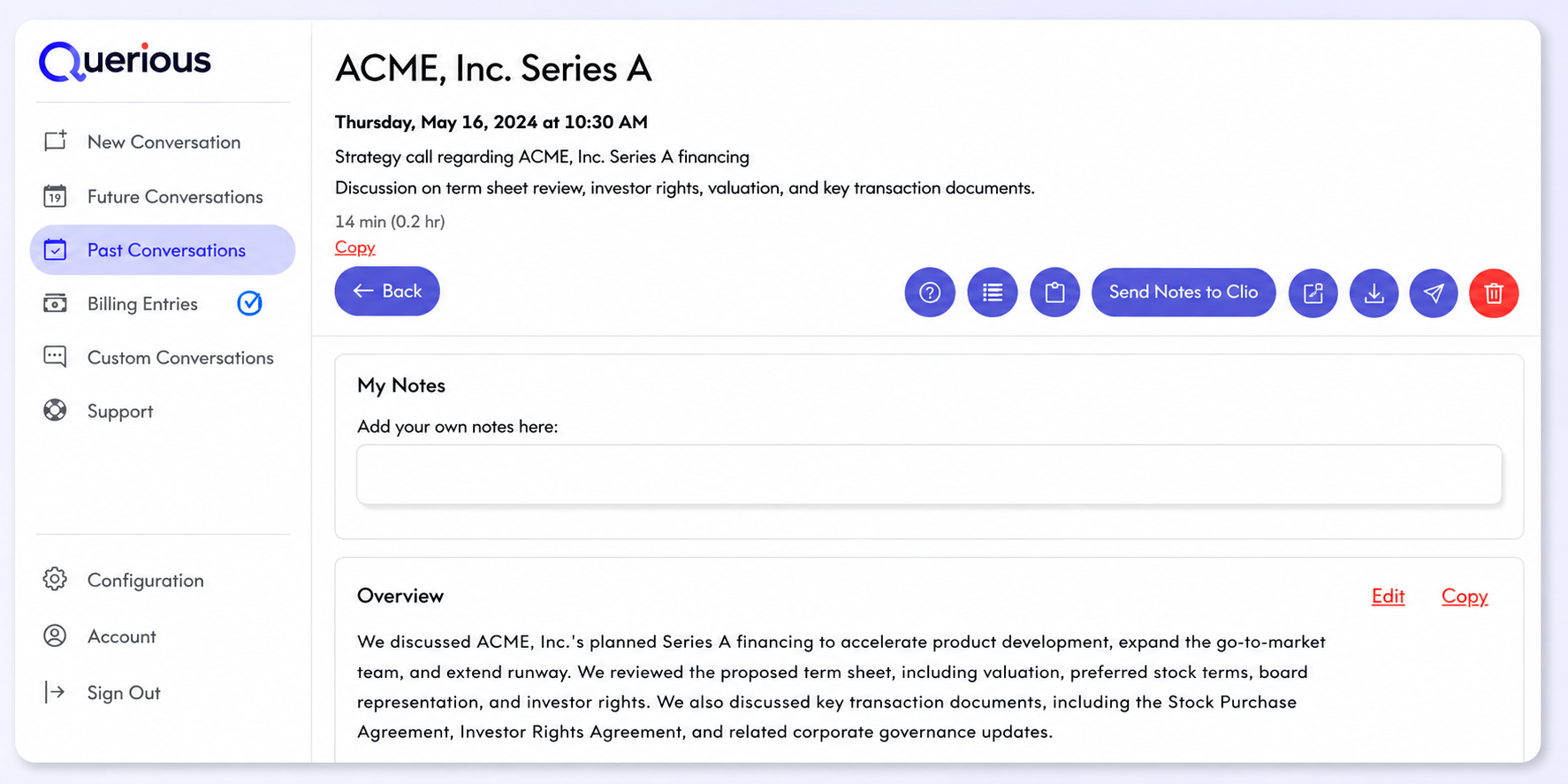 Querious conversation interfaceswith notes, billing entries, and the option to review, approve, and send notes to Clio.