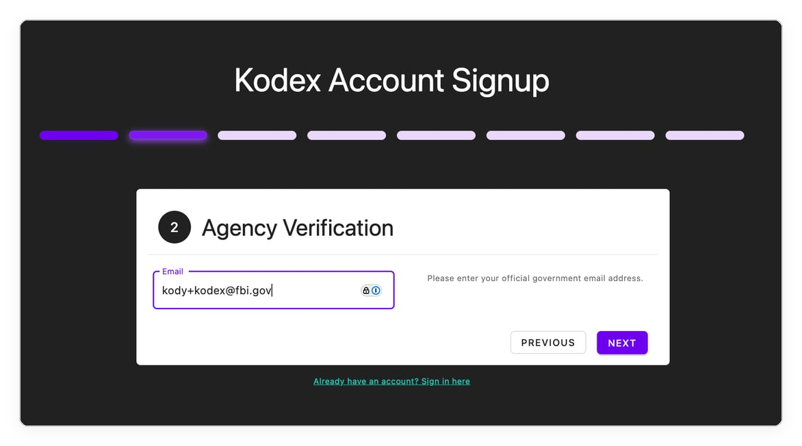 Kodex Account Signup — Agency Verification step