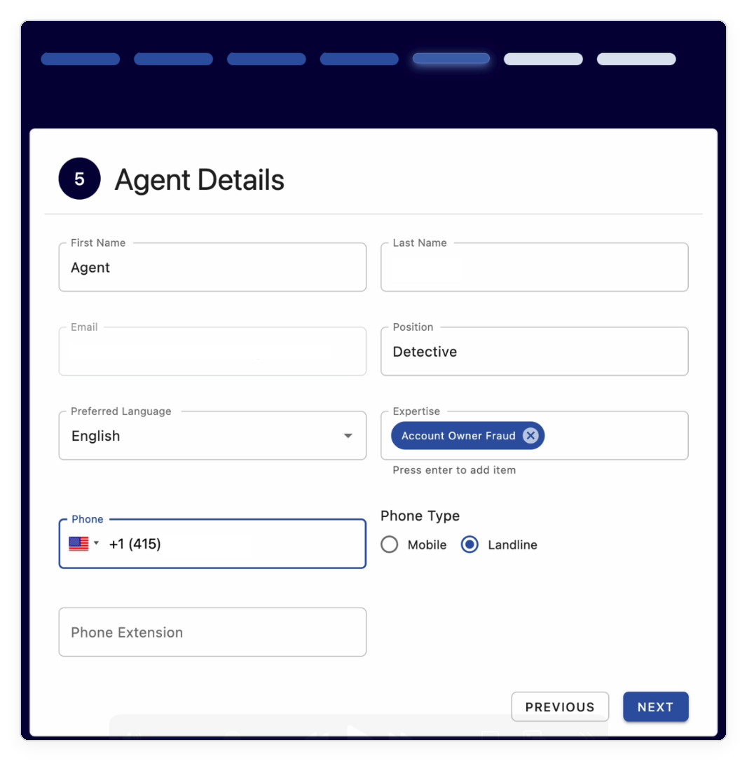 Agent Details form showing fields for name, email, position, language, expertise, and phone