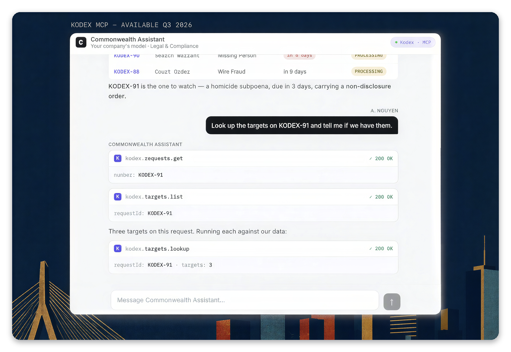 Preview of the Kodex MCP server: a company AI assistant working a legal request against the network, available Q3 2026.