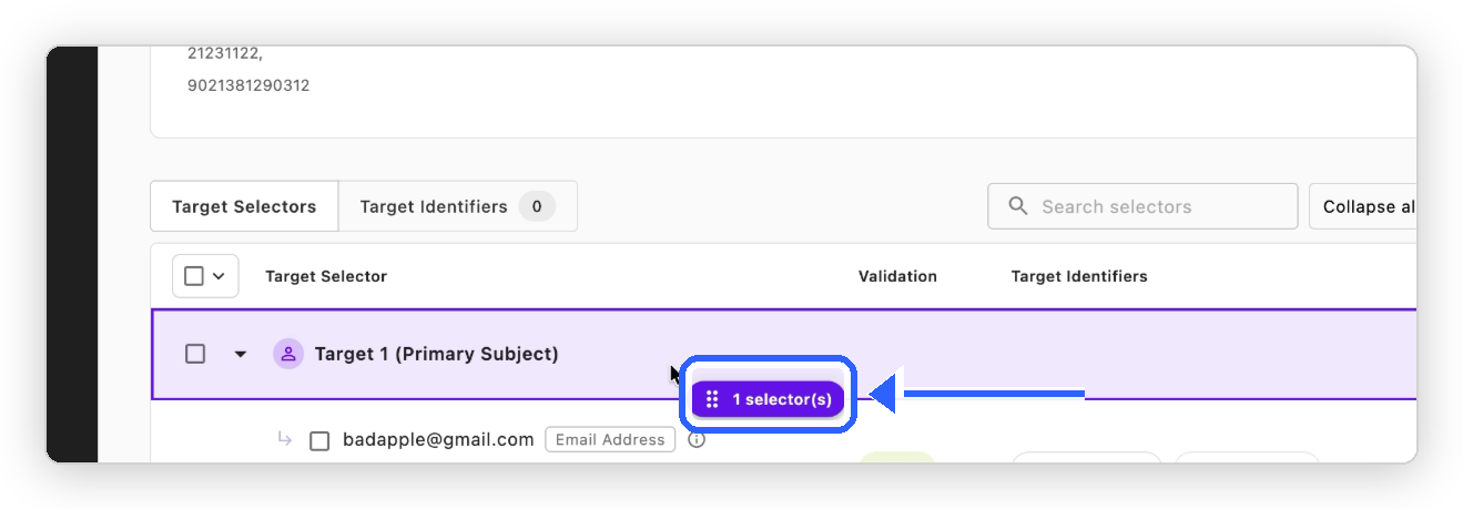 A target selector being dragged within the Selector view, with the drag indicator highlighted, to re-group it under a primary subject