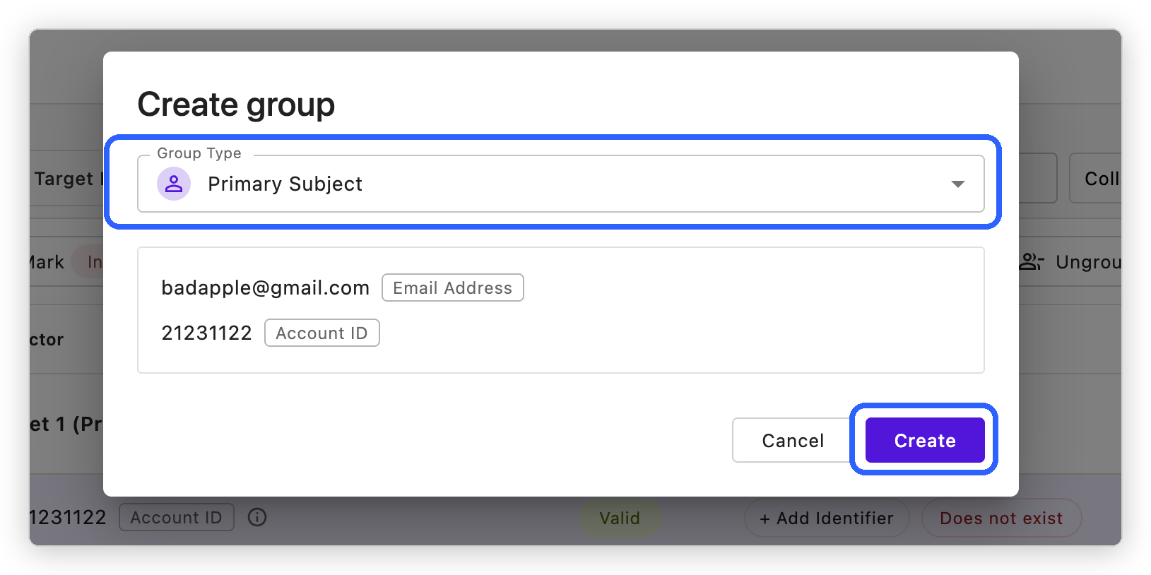 The Create group dialog with the Group Type selector and the Create button highlighted