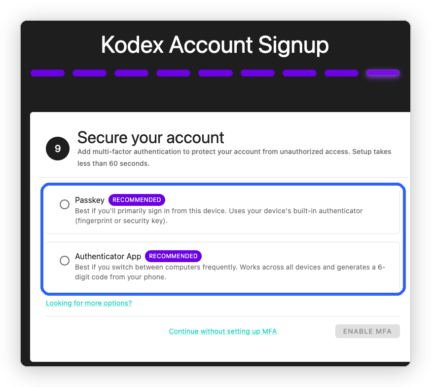 The Secure your account step during Kodex account sign-up with the passkey and authenticator app options highlighted