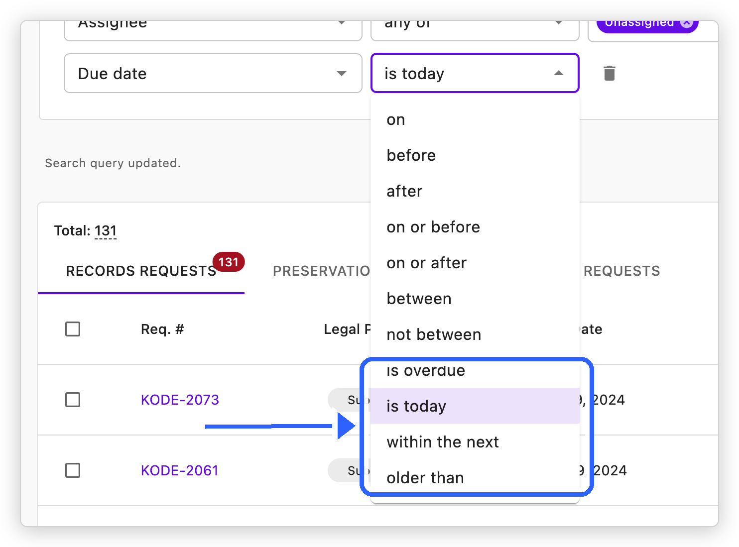The advanced search date-filter dropdown with the relative operators is overdue, is today, within the next, and older than highlighted