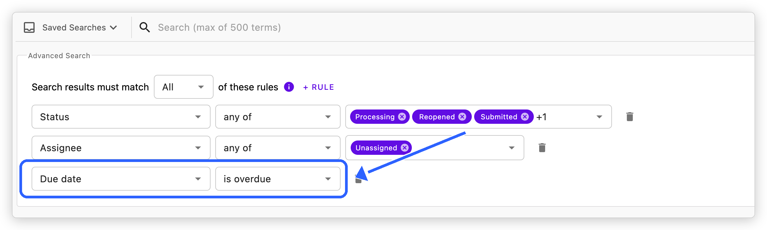 Kodex advanced search rules panel with the Due date is overdue relative-date rule highlighted