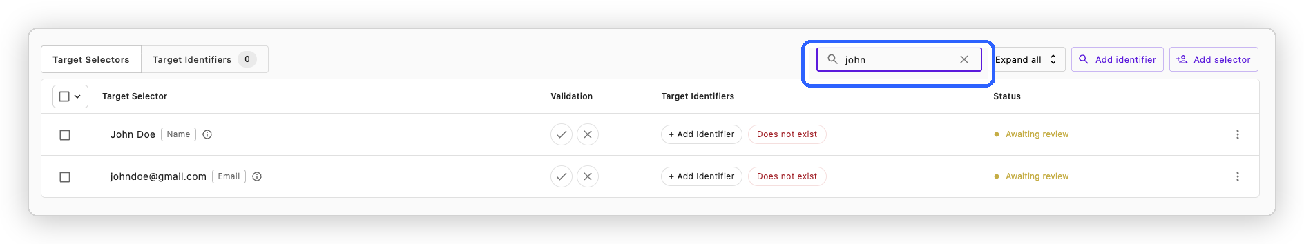 The target selector table with the in-app search box highlighted, filtering the list to selectors matching a typed name