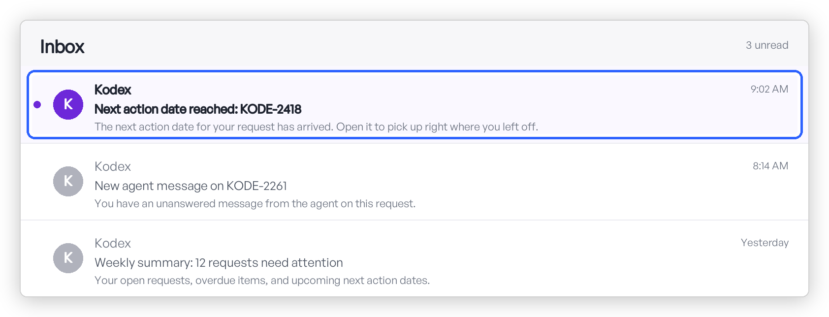 A Kodex next action date notification email at the top of an inbox, linking straight to the request