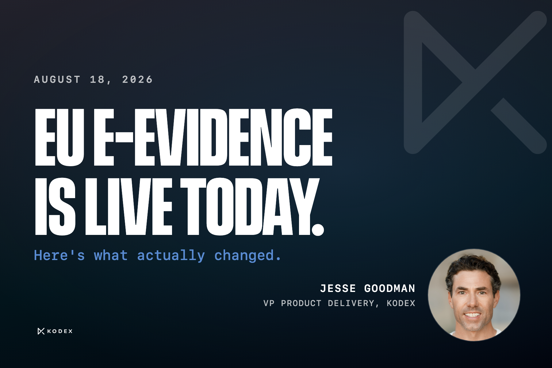 EU e-Evidence is live today. Jesse Goodman, VP Product Delivery, Kodex