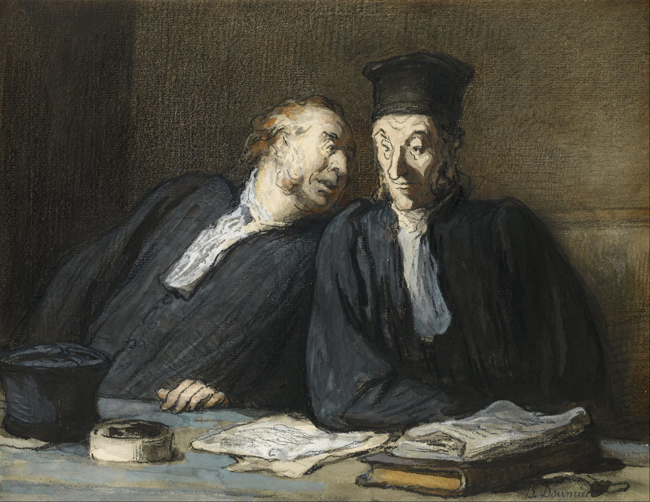 Honoré Daumier (1808–1879), Two Lawyers Conversing (date not known), black chalk and gouache in white and grey with some pale pink, yellow, and brown watercolour, 20.9 x 27 cm, The Morgan Library & Museum, New York, NY. Wikimedia Commons.