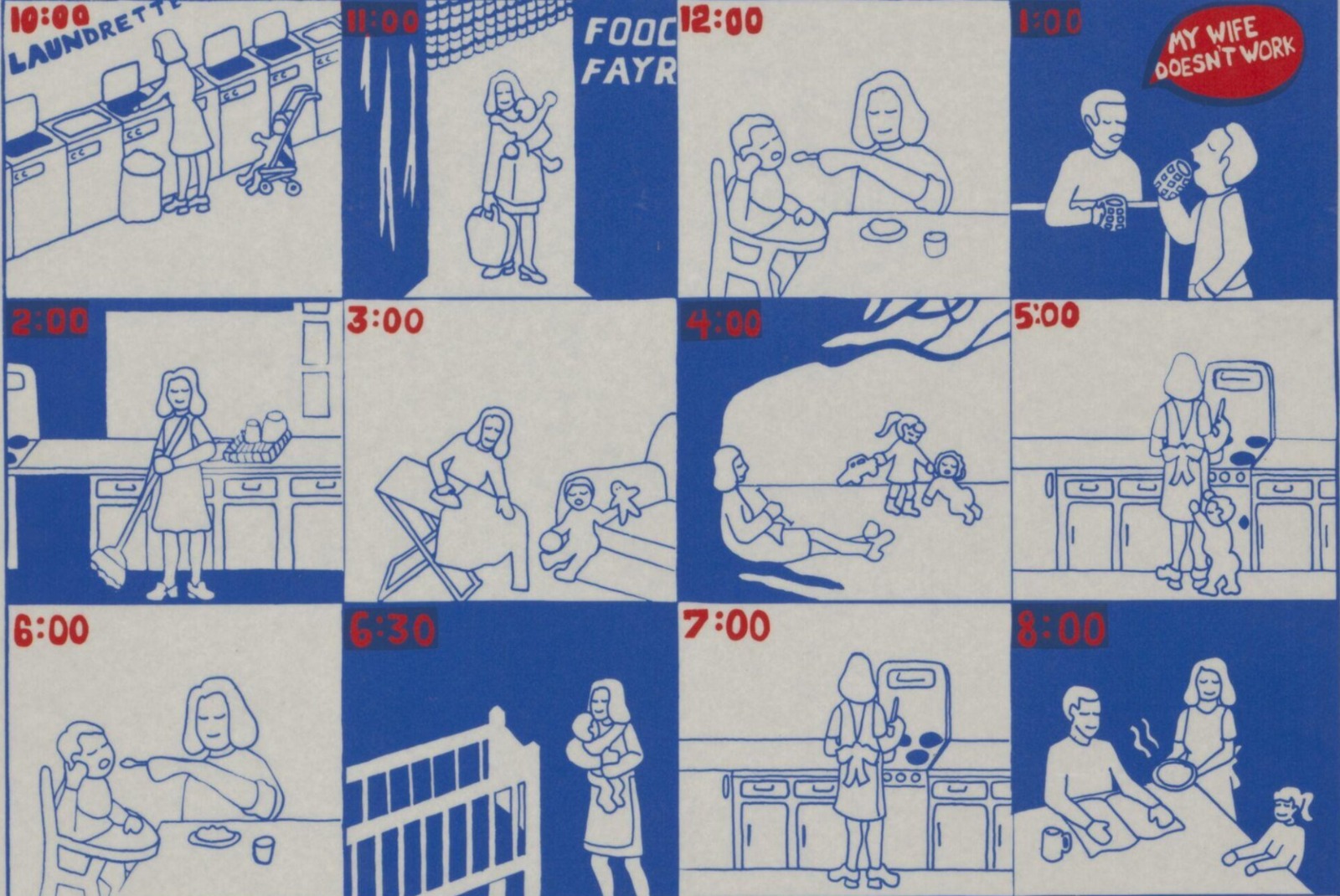 "A minha mulher não trabalha", diz ele enquanto o dia dela nunca acaba. A repetição diária mostrada no cartaz (o ciclo que recomeça) aproxima-se também da realidade de muitas trabalhadoras domésticas, cujo trabalho é contínuo, físico e invisibilizado. Poster do See Red Women's Workshop, Londres, 1980. 