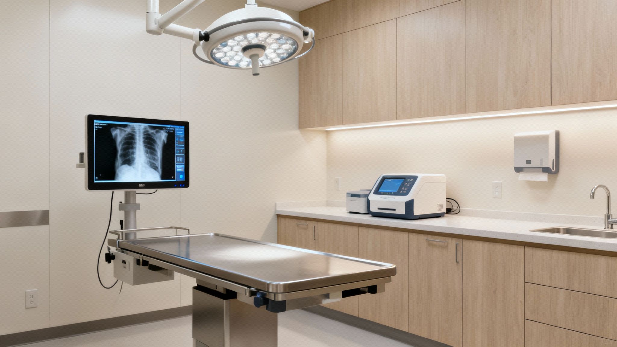 A veterinarian uses advanced imaging equipment to examine a pet in a modern clinic.