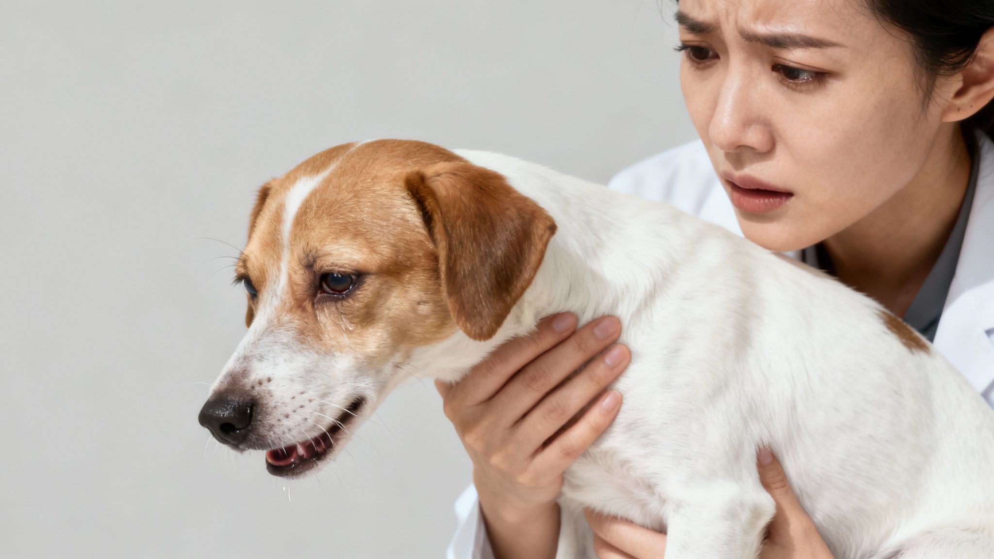 A veterinarian checking a dog's heartbeat with a stethoscope in a clinic setting.