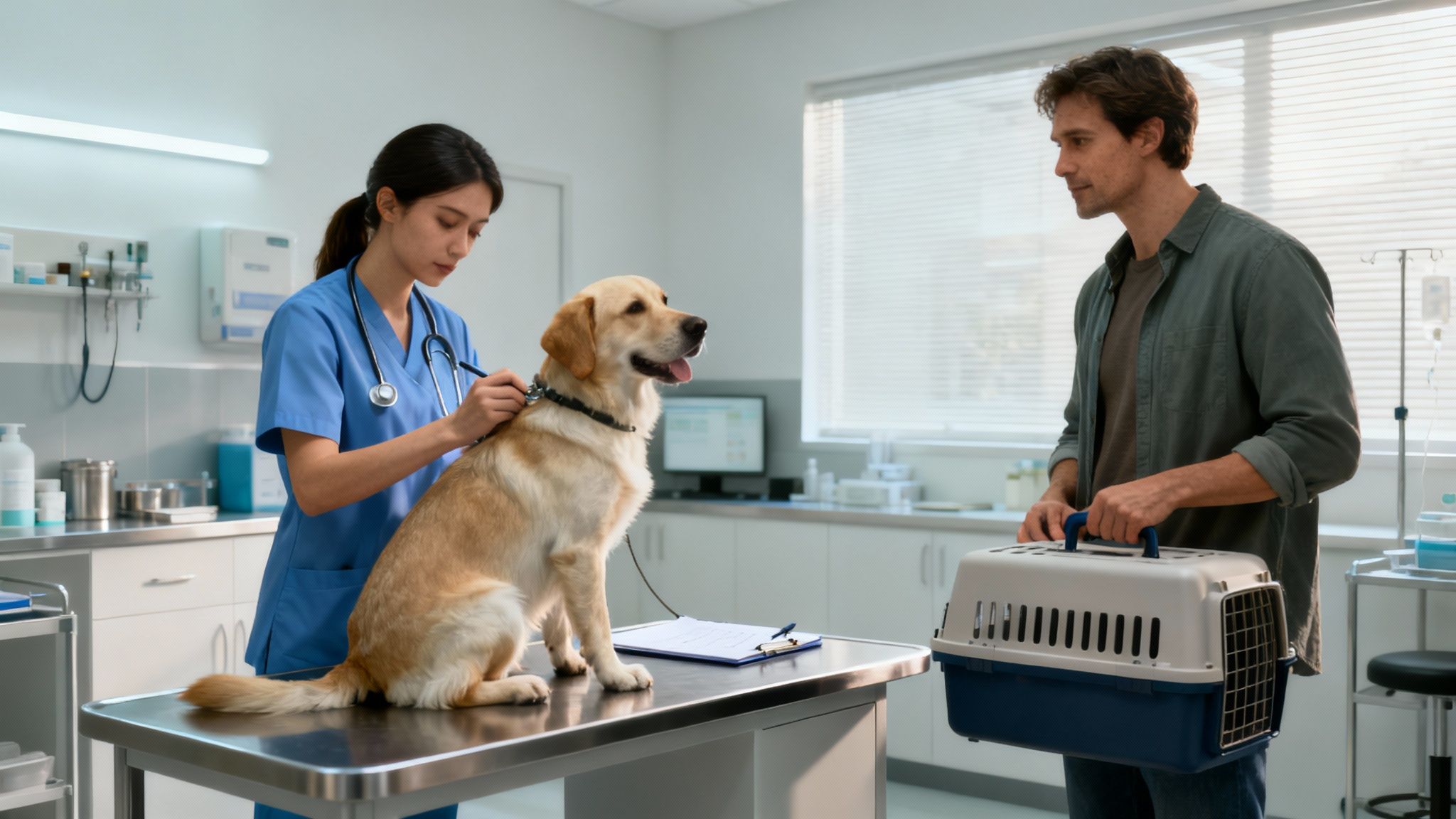 A veterinarian reviewing paperwork with a pet owner in a clinic waiting room