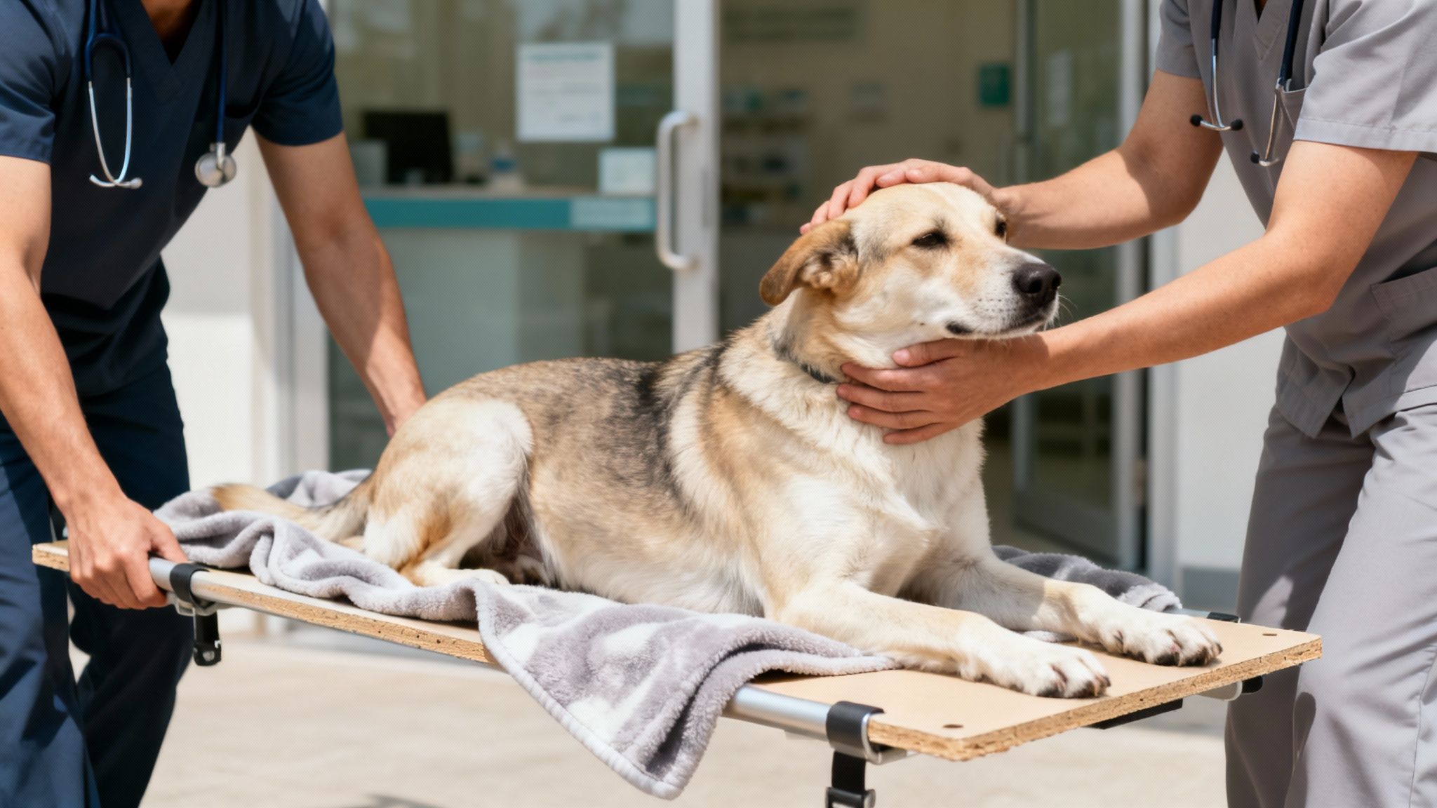 A veterinarian checking a pet's health with a stethoscope in a clinic setting