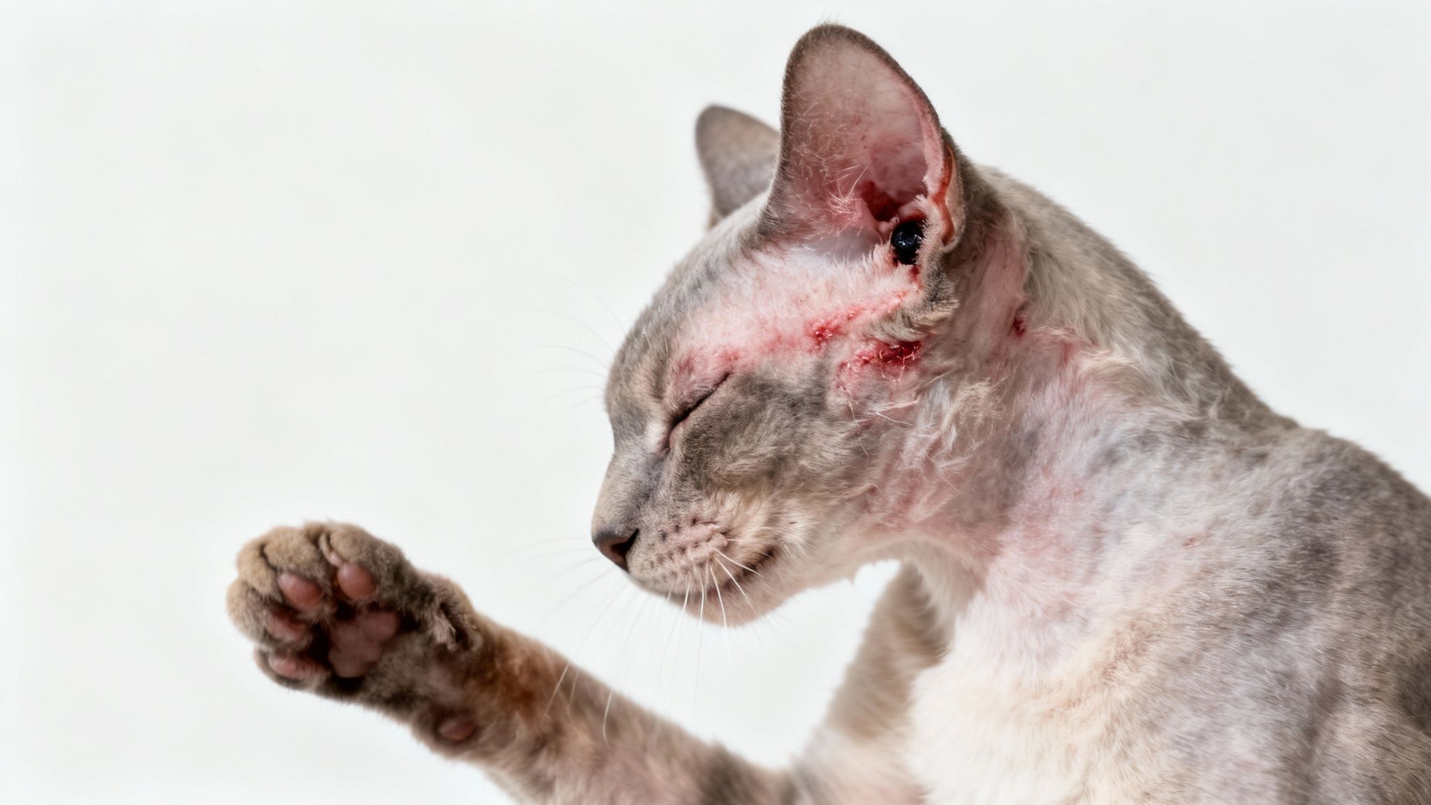 A close-up of a cat's irritated ear, showing redness and dark debris typical of an ear mite infestation.