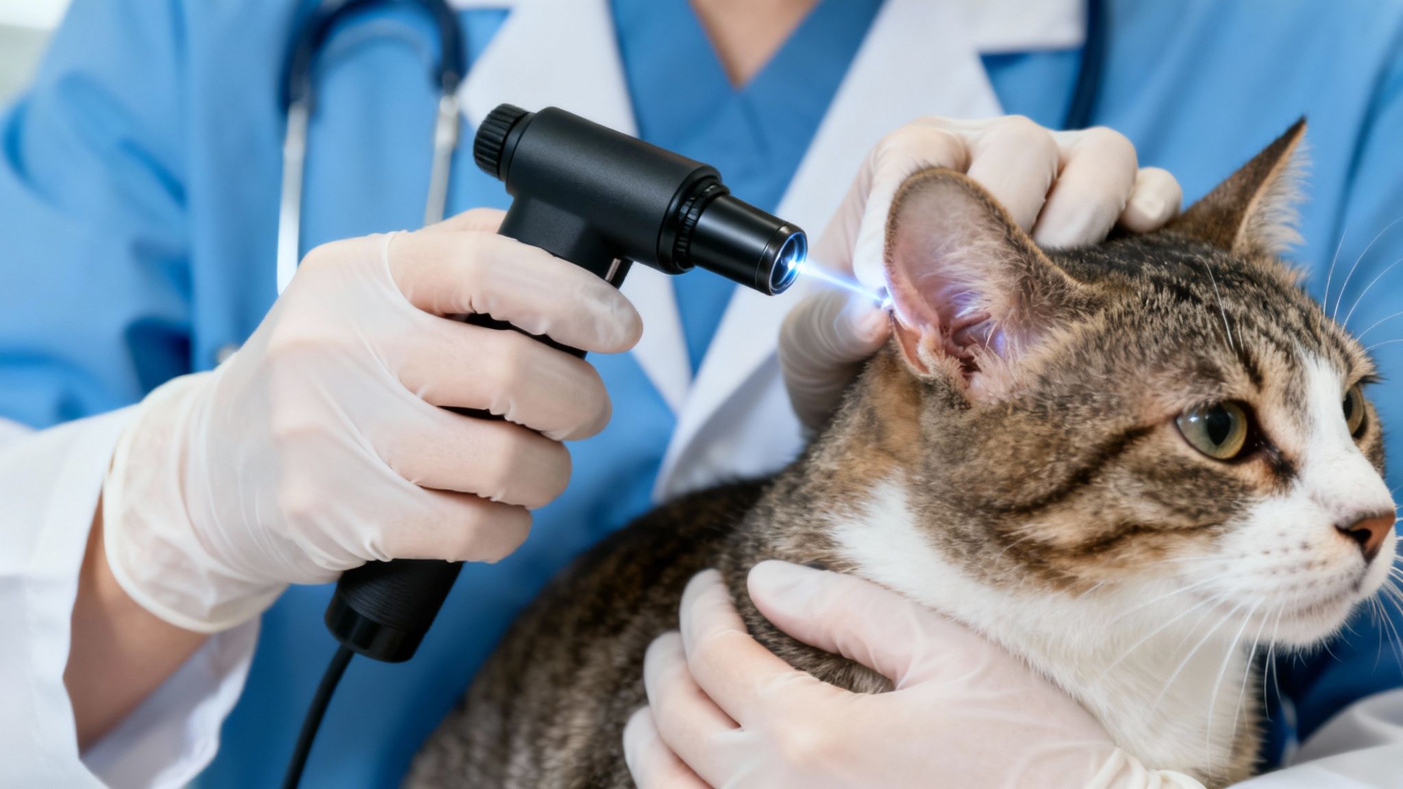 A veterinarian examines a cat's ear with an otoscope to diagnose an ear mite infestation.